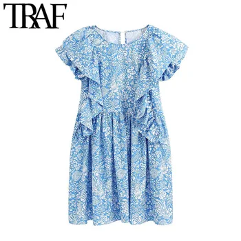 

TRAF Women Vintage Sweet Floral Print Ruffled Mini Dress Chic Fashion O Neck Sleeveless Female Dresses Vestidos Mujer