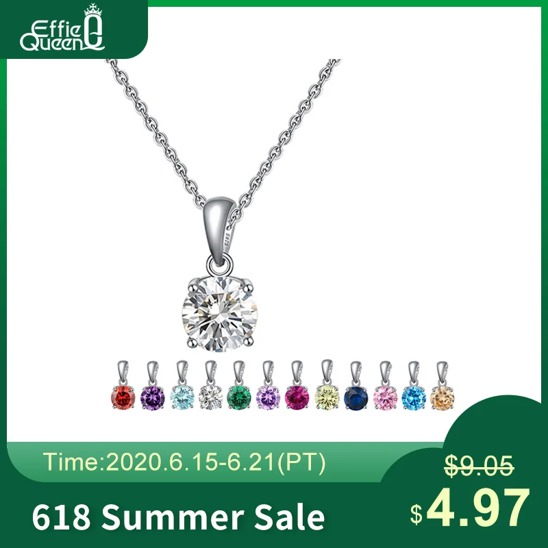 Effie Queen Real 925 Sterling Silver Pendant Necklace Lucky Birthstone Multi Color Zircons Stud Necklaces Women Jewelry BN118