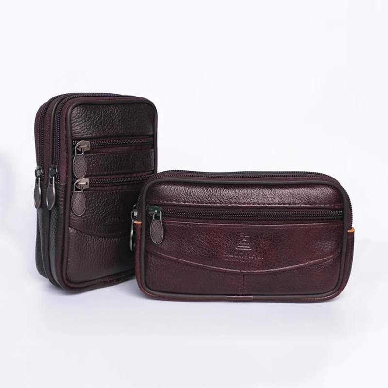 

Men's Leather Waterproof Waist Bag Mobile Phone Bag Wear Belt Multifunction Old Change Key Bag Wallet New Waist Bag