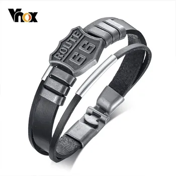 

Vnox Stylish US Route 66 Mens Real Leather Bracelet Multi-layer Wrap Bangle Bracelets 8.07"