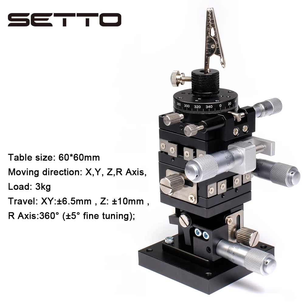 SETTO Precision XYZR 4 Axis Manual Linear Positioning Stage Bearing Tuning Platform Sliding Table 60x60mm