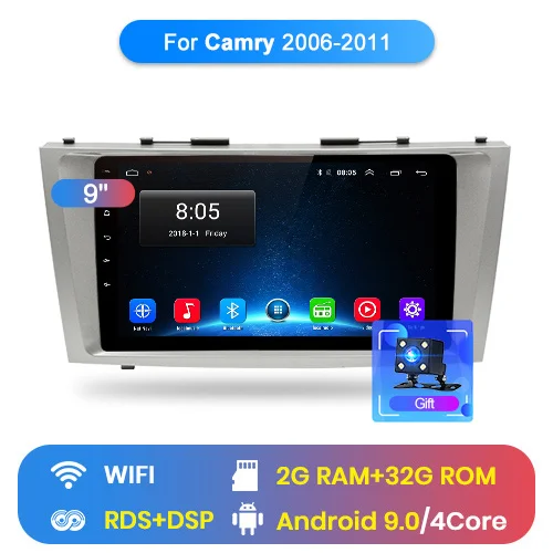 Junsun V1 Android 9,0 2G+ 32G DSP автомобильный Радио Мультимедиа Видео плеер навигация gps 2 din для Toyota Camry 40 50 2007 2008 без dvd - Цвет: WIFI (2GB 32GB)