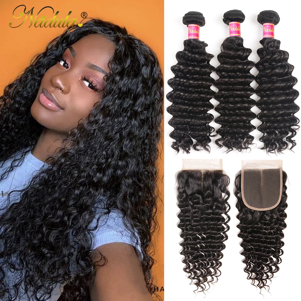 Nadula Hair Lace Closure Deep Wave Hair Bundles With Closure 3 Bundles With Closure Bundles With Closure