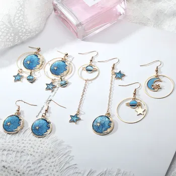 

Fashion Earrings In 2020 Blue Starry Sky / Moon / Long Asymmetric Pendant