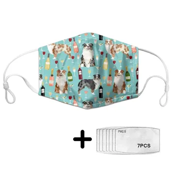 

Fashion Reusable Anti-dust Masks Kawaii Australian Shepherd Wine Animal Women Face Masks 7Pcs Filter Covers Mouths for Children