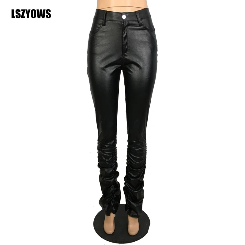 Осенние женские черные узкие брюки из искусственной кожи, Узкие повседневные брюки с высокой талией и рюшами, брюки из искусственной кожи, женские уличные длинные расклешенные брюки - Цвет: Black