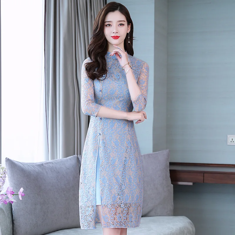 

2019 Improved Ethnic-Style Cheongsam Lace Dress Women's Elegant Elegant Fashion Slim Fit Slimming Three-quarter-length Sleeve