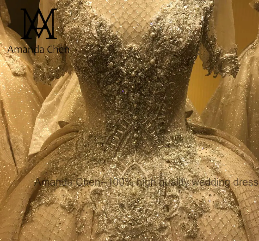 Vestidos largos de fiesta с высоким воротом Половина рукава Аппликации кружевные со стразами свадебное платье
