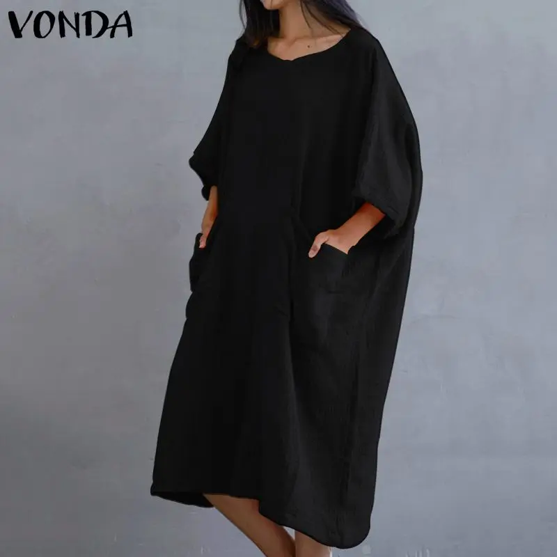 VONDA свободные хлопковые длинные платья, летний пуловер с круглым вырезом и карманами, платья-рубашки размера плюс, богемные женские платья 5XL