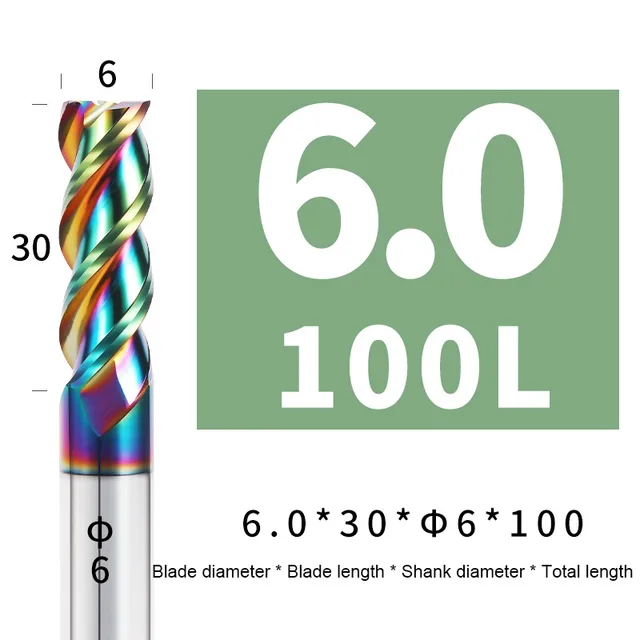 Colorful End Mill Aluminium HRC55 3F Milling Cutter Acrylic Wood Copper Plastic Cutting Tool CNC Maching Milling Tools Endmils 6X30XD6X100L