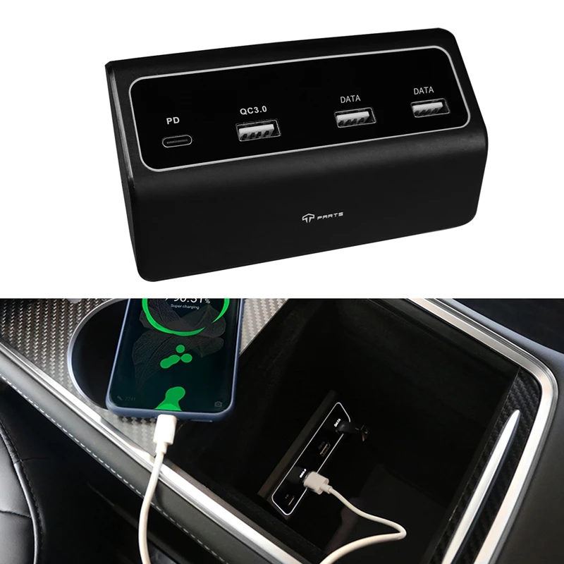 4 In 1 USB Hub Multiport Adapter for Tesla Model3 Y Center Console HUB with Dual DATA Ports PD Fast Charge | Автомобили и