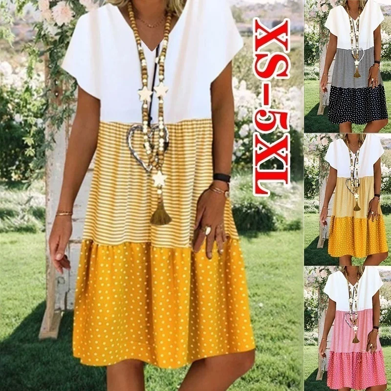 

Women's Fashion Plus Size Short Sleeve Summer Print V-neck Dress