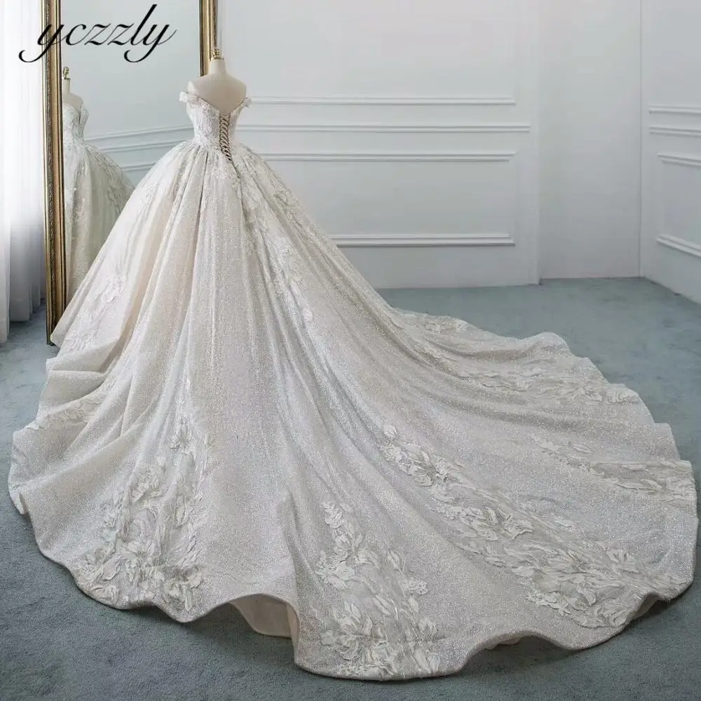 Vestidos De Novia Arabe роскошное блестящее бальное платье Дубай с открытыми плечами бисером жемчугом Аппликация Свадебное платье длинное свадебное платье YW51