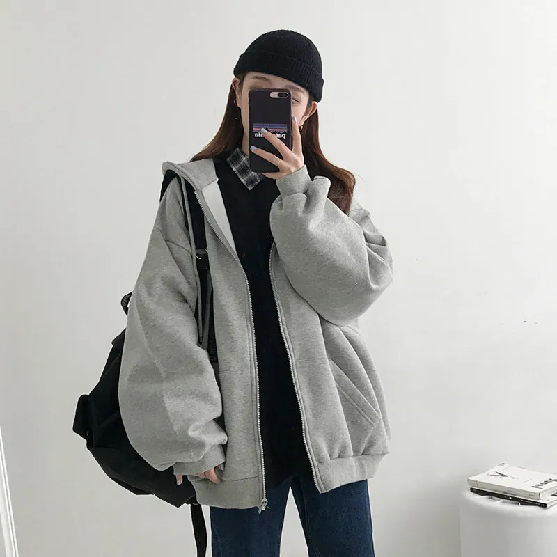 gray Весна осень толстовки женские свободные модные с капюшоном теплые на молнии мягкие карманы корейский длинный рукав толстовка женские s милые N914 - Цвет: gray