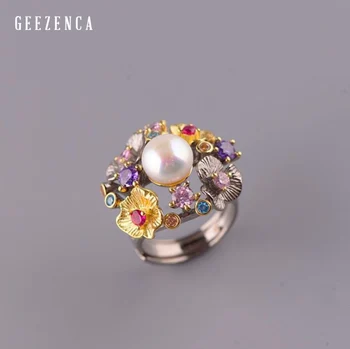 

GEEZ925 Sterling Silver Flowers Baroque Pearl Ring Designer Jewelry For Women 2019 New Vintage Romantic Open Ring Party Female