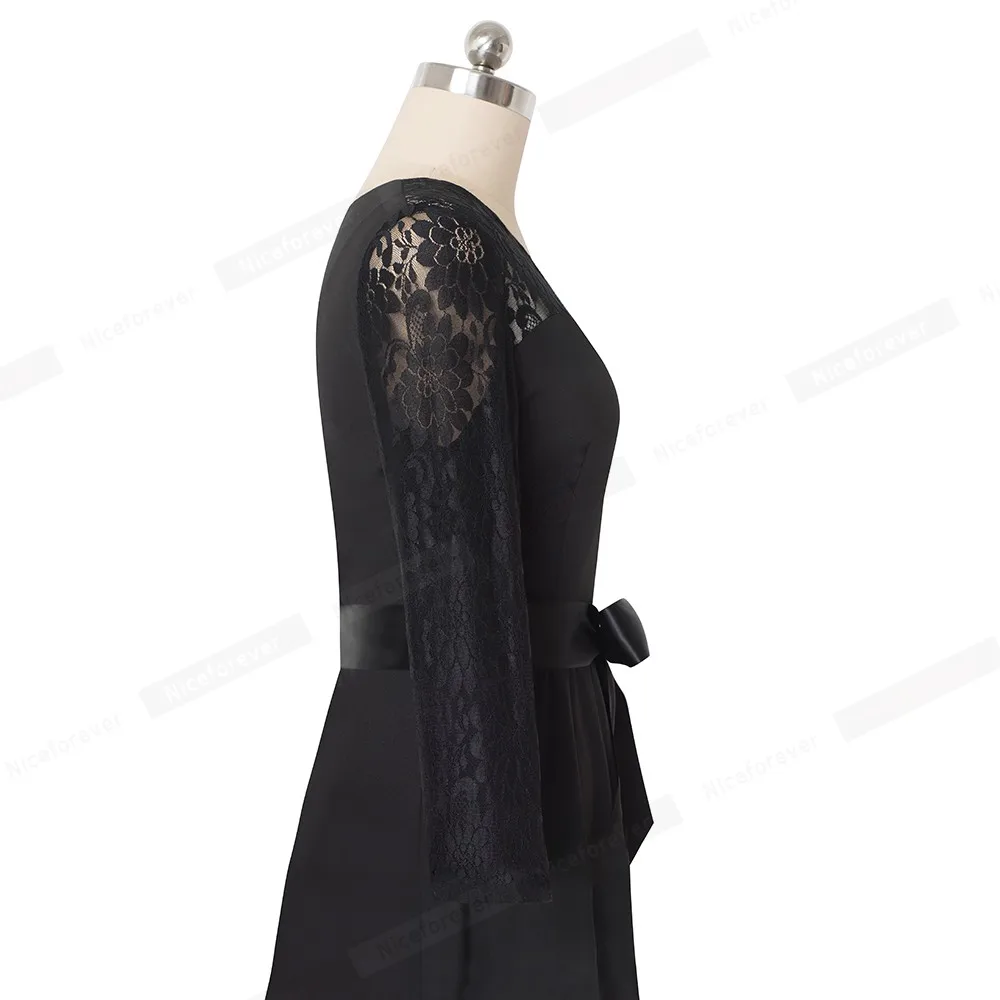 Nice-forever Retro Elegant Lace Patchwork with Sash vestidos Party Women Flare A-line Autumn Dress A182