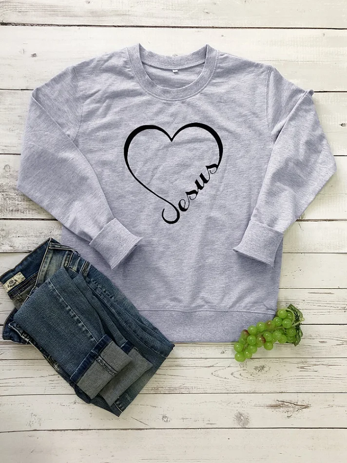 Grey-black text Женская толстовка с надписью «Jesus love heart», религиозная вера, сольган, хлопок, длинный рукав, женские топы с изображением Иисуса, христианский пуловер - Цвет: Grey-black text