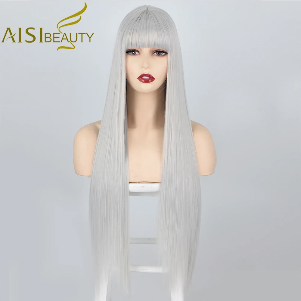 AISI BEAUTY синтетические парики длинные прямые серые волосы с челкой черные белые