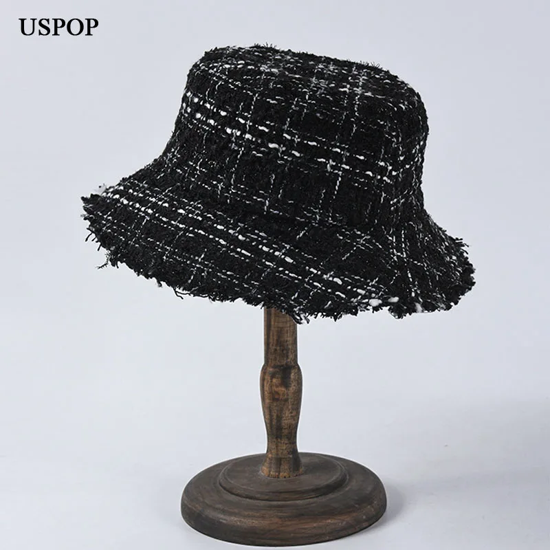 USPOP, новинка, осенние шапки для женщин, черные, белые, в клетку, Панама, шапки для женщин, с широкими полями, с плоским верхом, Панама, шляпы от солнца