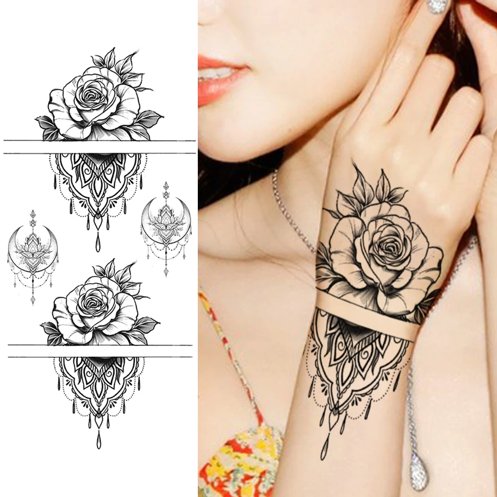 Геометрические цветы временные татуировки наклейки поддельные Луна Лев волк татуировки водонепроницаемый точка шаблон браслет черные татуировки для женщин и мужчин - Цвет: DMZ052