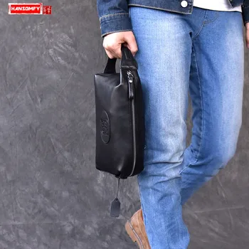 

HANSOMFY Clutch Bag Luxury Brand Male Handbag Large Capacity Hand Bag Mobile Phone Bags Retro Fashion Men's Genuine Leather Soft