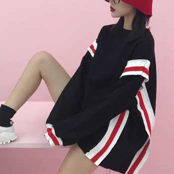 

Autumn Winter New Round Neck Long-sleeved Women Sweatshirts Korean Style Loose Casual Striped Patchwork Tops