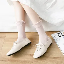 1 par de Harajuku de estilo coreano de verano para chicas y chicas, calcetín con volantes de algodón sólido de lujo con agujeros para mujeres, calcetines hasta el tobillo con volantes
