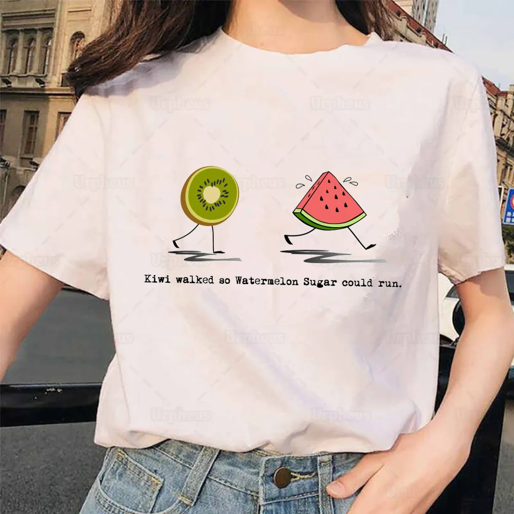 

100% Cotton Funny Summer Watermelon T Shirt Kawaii Kiwi Walked So Watermelon Could Run Print Shirt Harajuku Style Cute Shirts