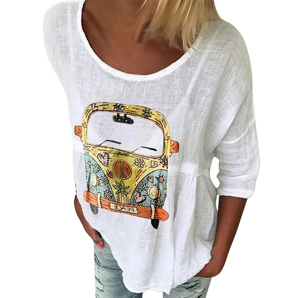 

2019 Spring Autumn New Casual Loose Seven-Point Sleeves Round Collar Printed Puls size Casual Loose Fashion Soft Ladies Tops