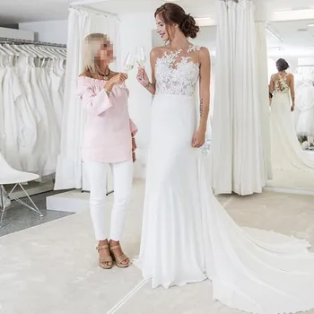 

Eightale Mermaid Wedding Dress O-Neck Appliques Lace Chiffon Wedding Gowns Princess Custom Made White Ivory Bridal Dress 2020