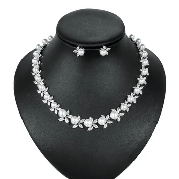 

WEIMANJINGDIAN High Quality Shell Pearl & Cubic Zirconia Crystal Flower Necklace Earring Wedding Jewelry Set