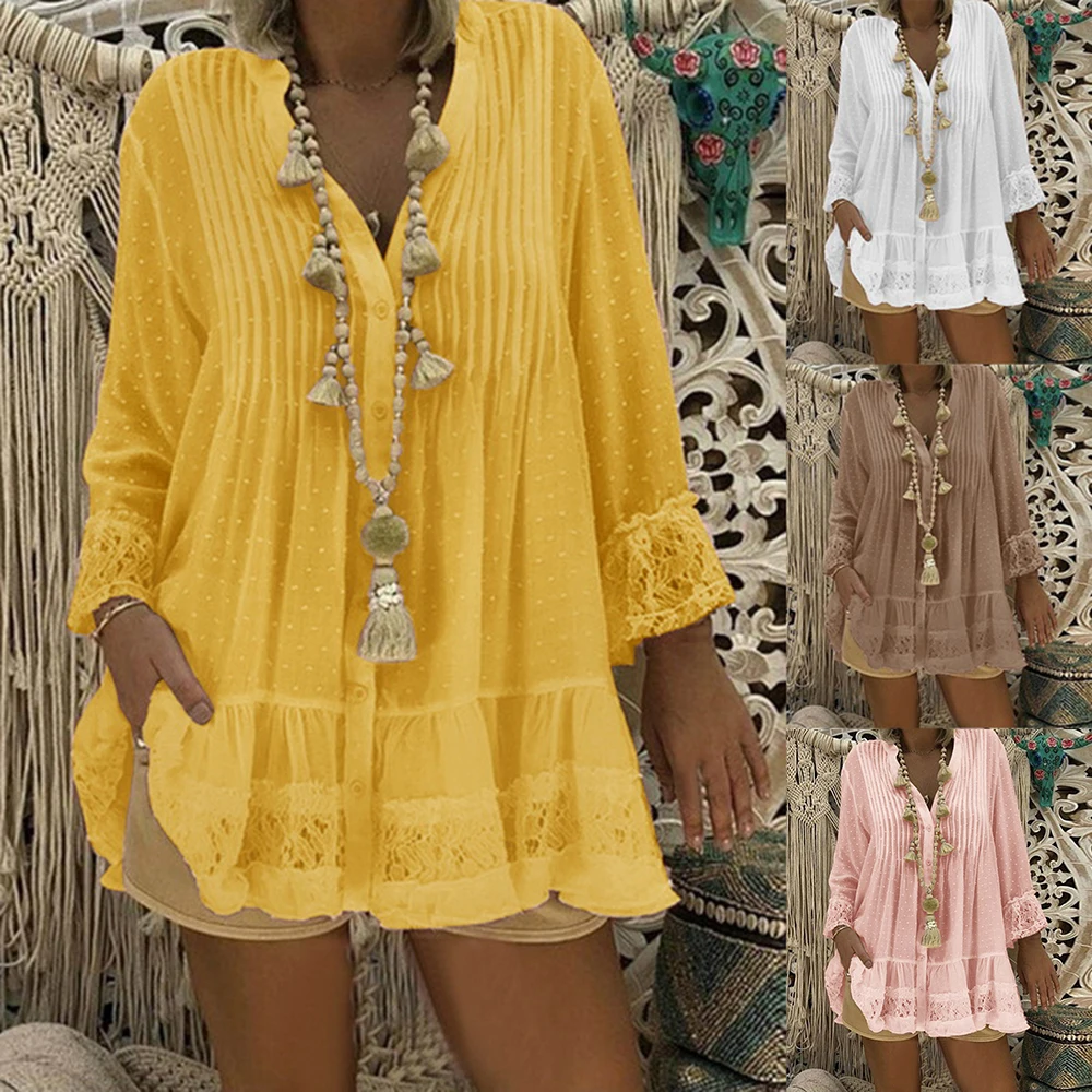 

Women Lace Hollow Shirts Dress Female Sexy Blouse Vestido Plus Size Long Sleeve V-Neck Pleated Loose Dot Mini Dress