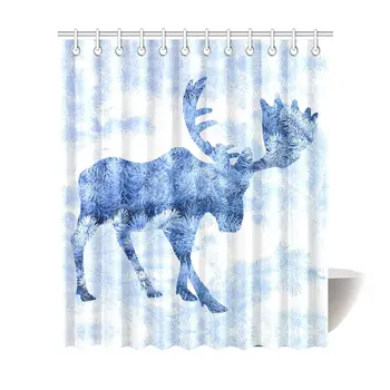 

Beautiful Winter Landscape with Blue Moose Deer Silhouette Home Decor Waterproof Polyester Bathroom Shower Curtain Bath with