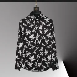 2021 nova primavera e outono masculina não ferro de manga comprida preto e branco impresso camisa moda corpo camisa na moda camisa de grandes dimensões