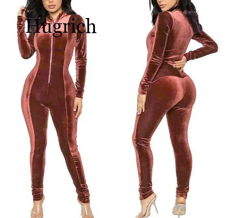 2020 Chocolate Dream Velvet Jumpsuit New Fashion Mock Neck Front Zipper Skinny Leg Velour Jumpsuits