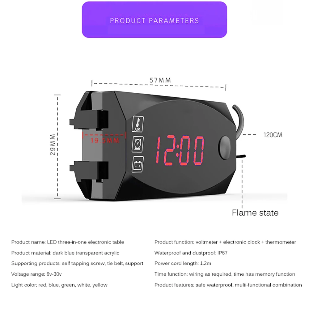 12V 3 in 1 Voltmeter Ammeter for Motorcycle Electric Vehicle Time Clock Multi-function With Digital Display