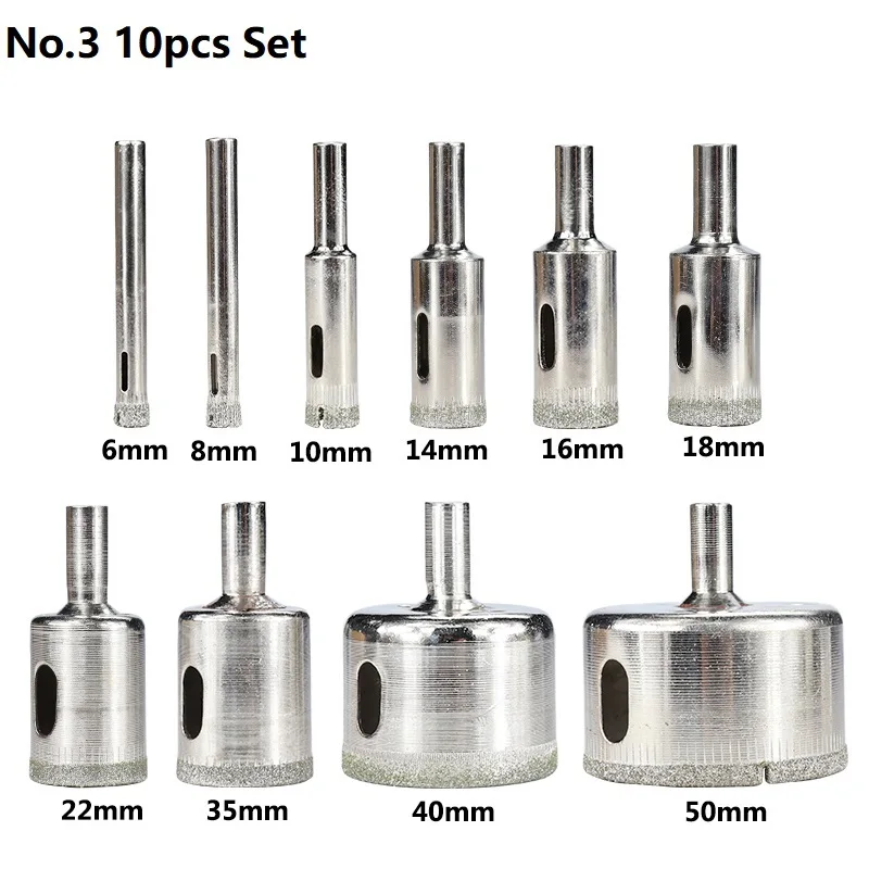 

4 Styles Diamond Drill Bit 10pcs 3-50mm for Glass Tile Marble Granite Core Hole Saw Drill Bits