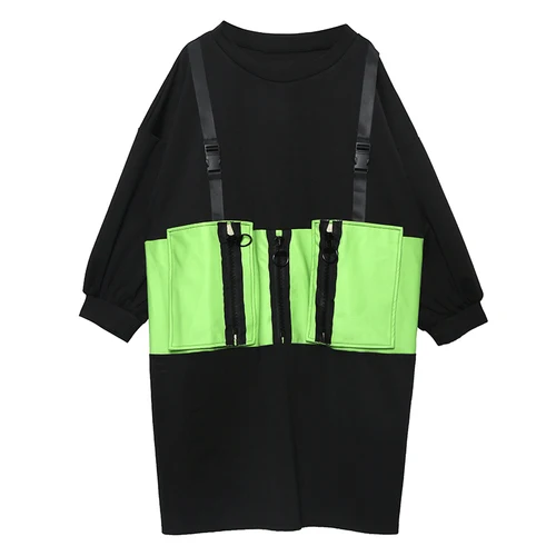 black GCC2271 XITAO/платье с высокой талией, большие размеры, женская мода, новинка, Осенний пуловер в стиле пэчворк, Элегантное маленькое свободное платье GCC2271 - Цвет: black GCC2271