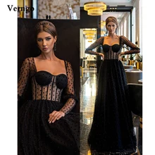 

Verngo Modest Black Dotted Tulle Pearls Evening Dresses Sheer Long Sleeves Sweetheart Corset Prom Gowns Formal Occasion Dresss