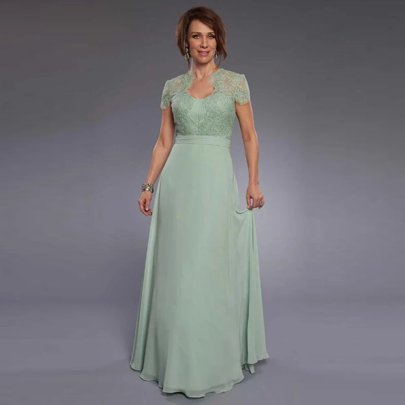 Green Mother Of The Bride Dresses A-line Short Sleeves Chiffon Lace Plus Size Long Groom Mother Dresses Wedding