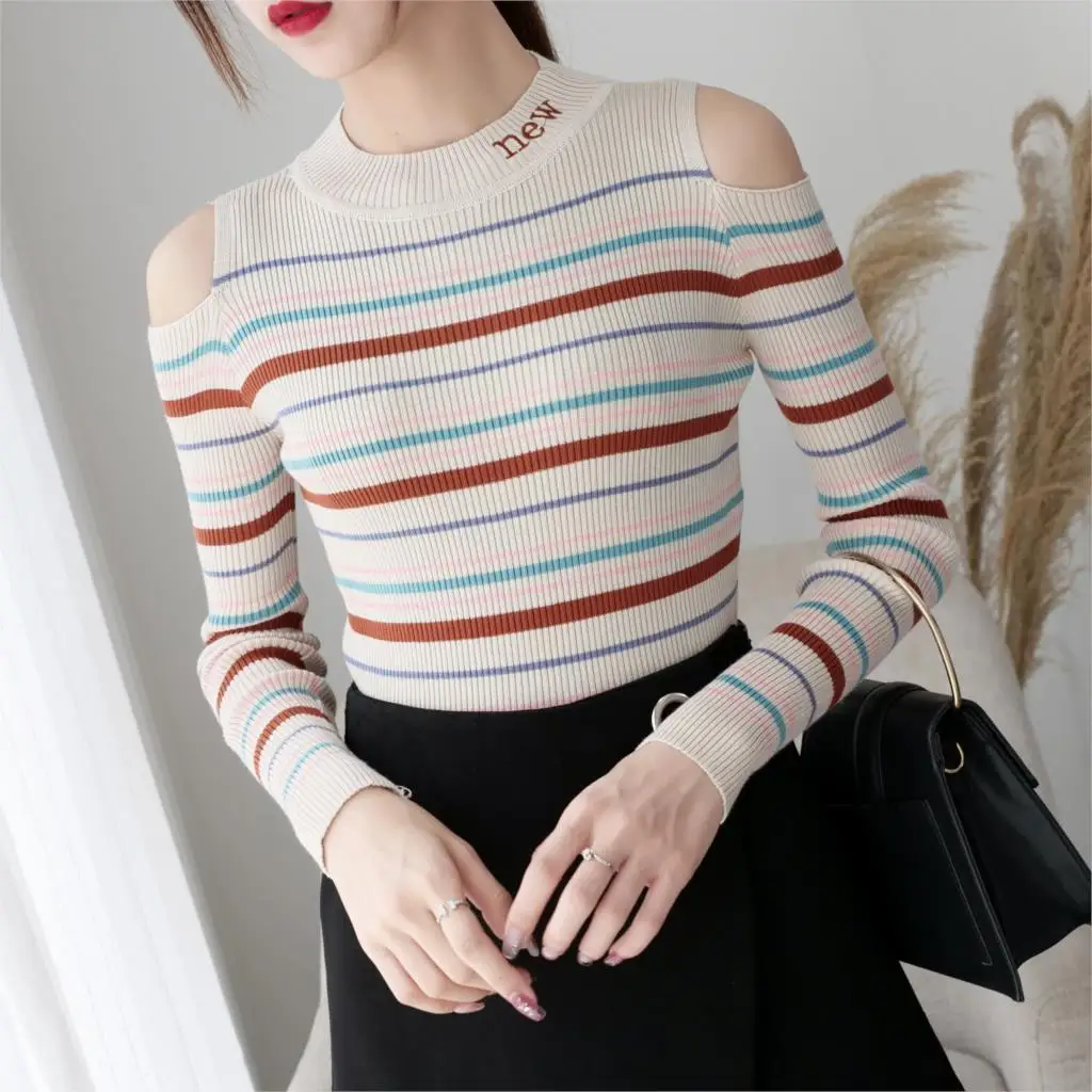 

Women knitted cotton 2019 Women Sweater Autumn and Winter New turtleneck sweater stripe Pullover Warm Soft Full Sleeve
