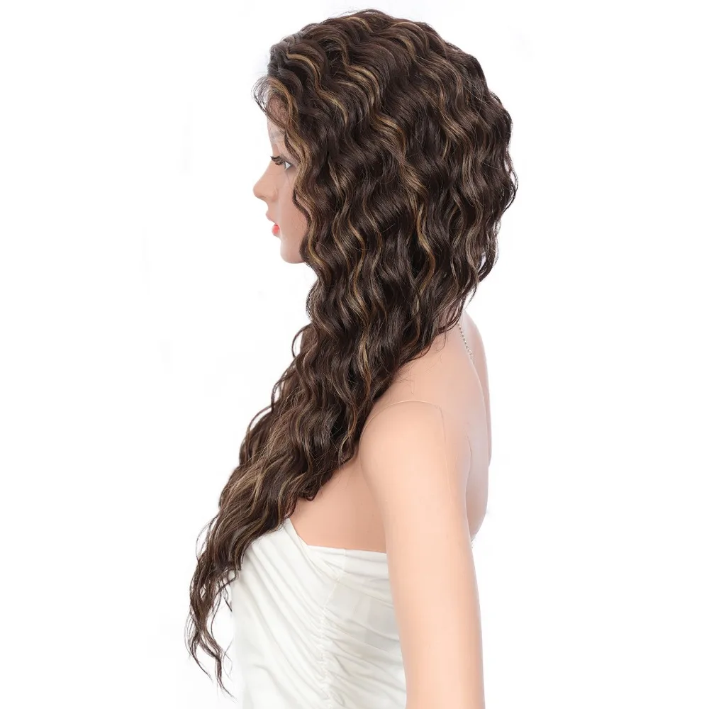 Resistente ao Calor Perucas da Parte Dianteira do Laço com Cabelo do Bebê Partido para Mulher Brinbea Japão-feito Sintético Marrom Encaracolado 4 Lado Profundo 28 11 marrom encaracolado resistente ao calor do japão