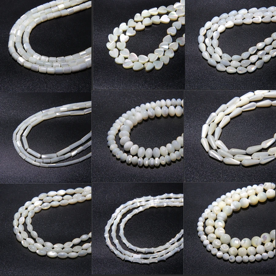 

White Natural Mother of Pearl Shell Rounded Flower Square Hexagon Oval Rectangle Beads Shell DIY Accessorie 15"Strand About 39CM