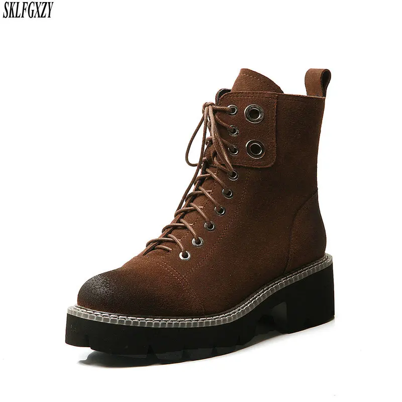 

Black Real cowhide Leather Ankle Boots For Women Lace Up Platform Boots Women Winter Warm Plush Women Boots Street Style Shoes