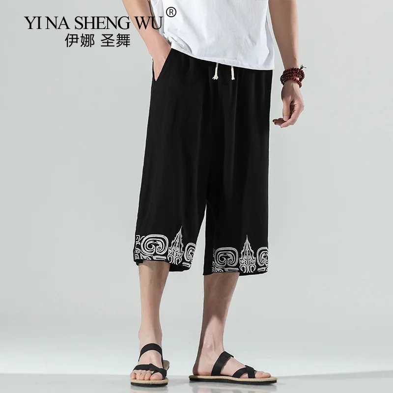 

Chinese Printed Linen Casual Loose Capris Retro Large Fashion Cotton Linen Elastic Sports Pants for Men in 2021 Summer New