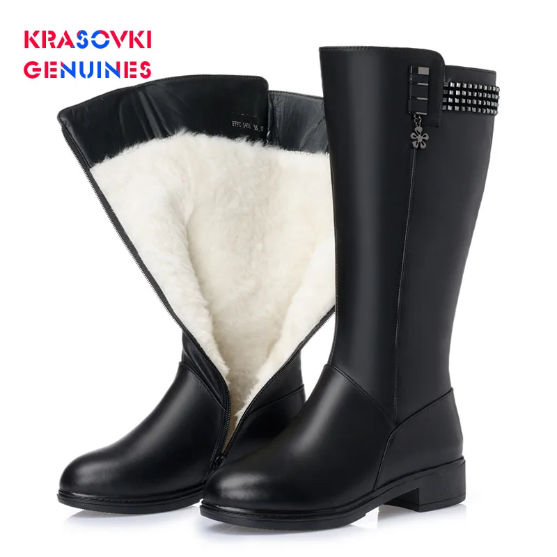 Krasovki/женские зимние ботинки из натуральной шерсти теплая обувь до середины икры на плоской подошве с мехом плюшевые высокие сапоги женские зимние сапоги на платформе
