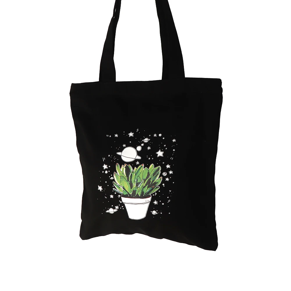 Белая и черная Повседневная парусиновая сумка с принтом растительного горшка, сумка через плечо для покупок, сумка для покупок, многоразовая сумка-тоут для женщин, школьная дорожная сумка - Цвет: Black