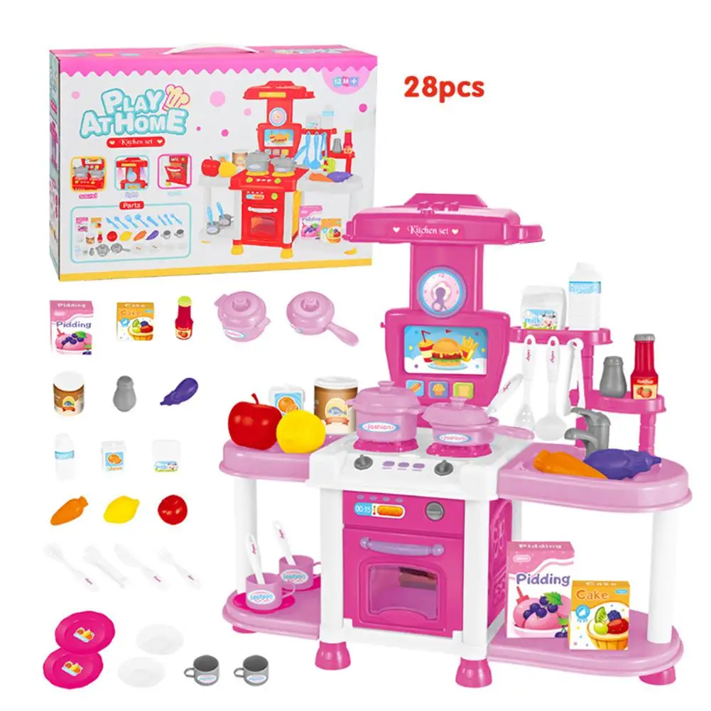 Комплект из 28 предметов, детский игровой домик, Комплект кухонных игрушек, звуковой свет, звуковой эффект, Приготовление Риса для готовки посуда для девочек 3-6 лет - Цвет: Pink