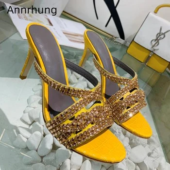 

Sexy Summer 2020 Rhinestone Slippers Women Thin Heel Open Toes Genuine Leather Jeweled Narrow Band Stone Grain Shoes Woman