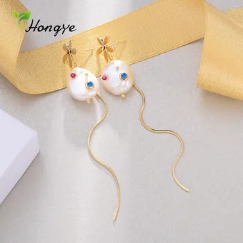 

Hongye 2020 New Natural Fresh Water Big Pearl Drop Earrings for Women Long Tassel Zircon Metal Flower Fine Jewelry Brincos Gifts